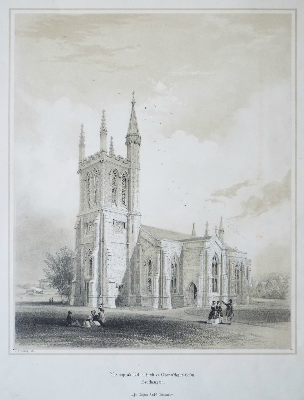 Lithograph - The proposed New Church at Chamberlayne Town Southampton. - Colling